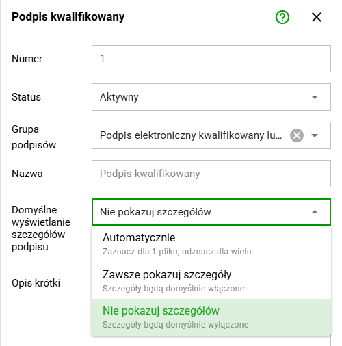 Ustawienie domyślnej widoczności szczegółów podpisu dla organizacji w sekcji Administracja / Podpisy