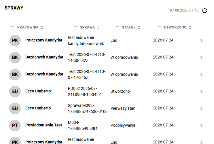 Widżet spraw z nagłówkami kolumn, sortowaniem i filtrami