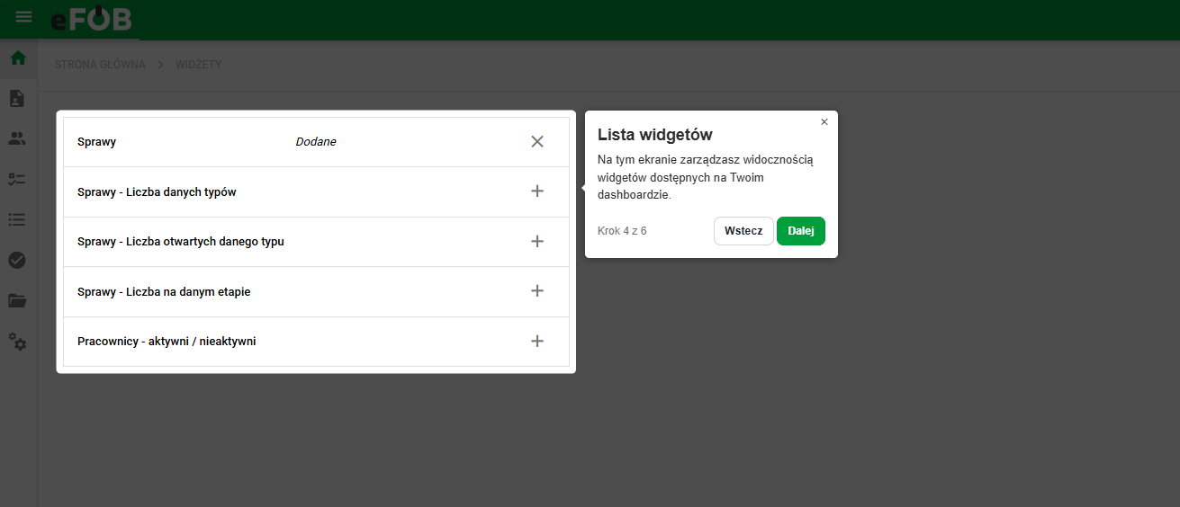 Przewodnik po liście widżetów w panelu pomocy