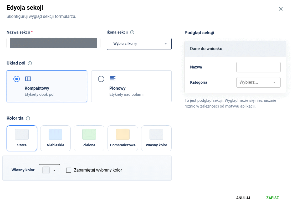 Section layout, color and preview settings