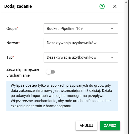 User deactivation task configuration with the manual execution option
