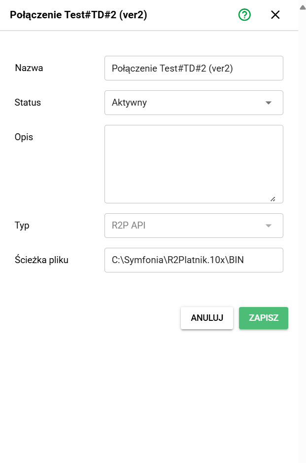 Panel edycji - połączenie R2P API