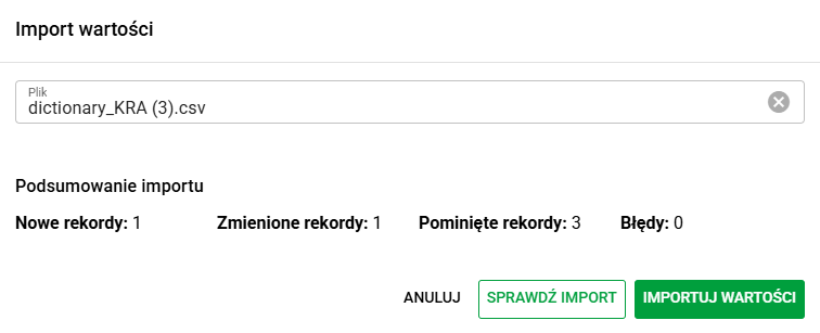 Dialog importu pozycji słownika lokalnego