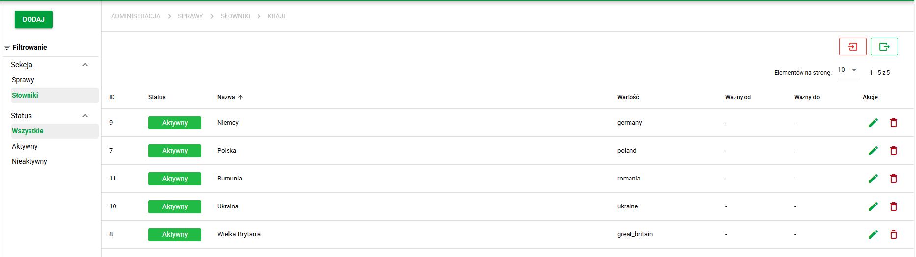 Lista pozycji słownika lokalnego