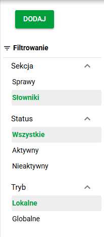 Panel boczny umożliwiający nawigację do słowników