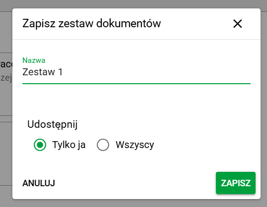 Okno szczegółów zestawu