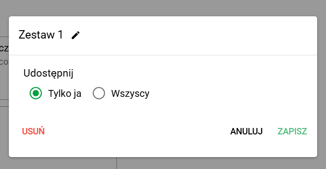 Okno edycji zestawu