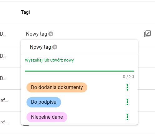 Nowo utworzony tag