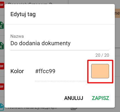 Okno edycji i przycisk otwarcia menu wyboru koloru