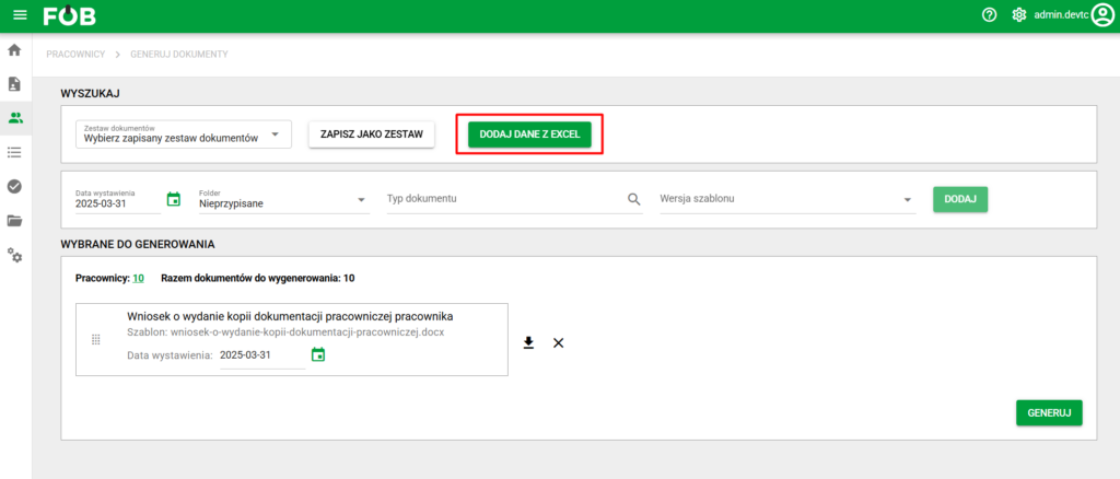 Przycisk dodawania pliku Excel