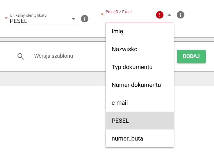 Pole identyfikacyjne dla pliku Excel