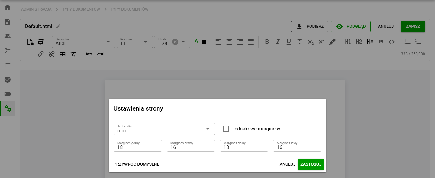 Ustawienia marginesów strony w edytorze HTML