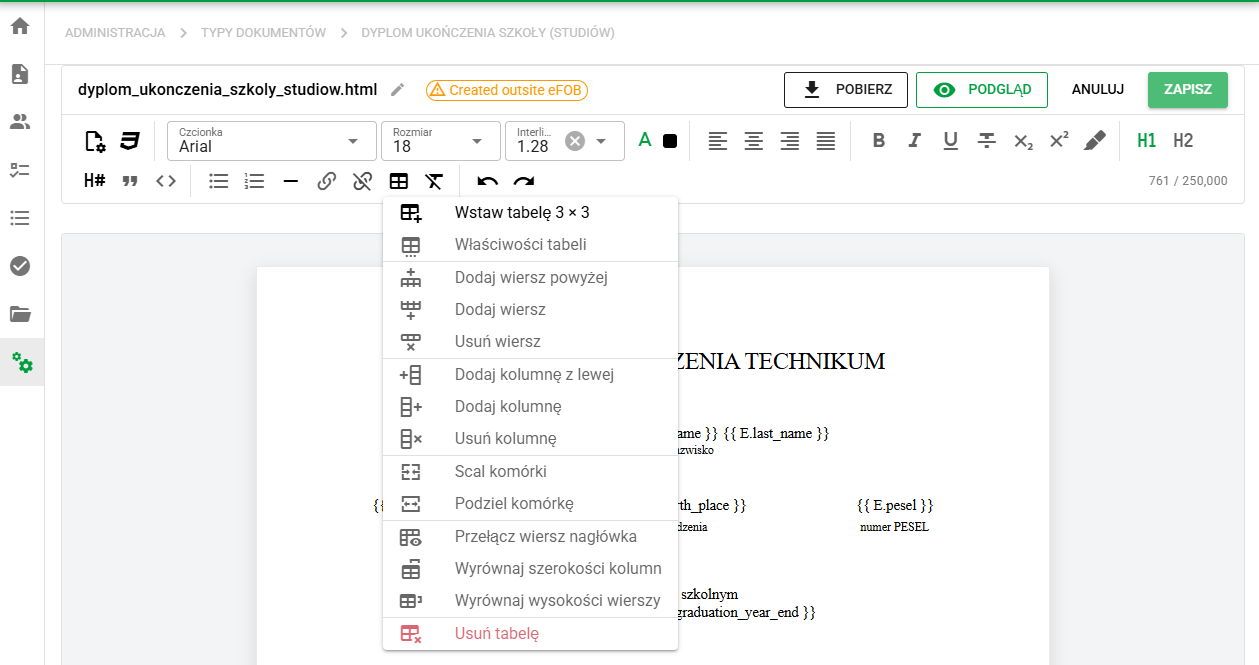 Edytor wzorca HTML z przykładowym porozumieniem