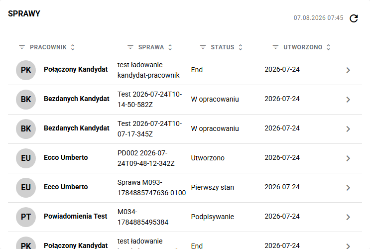 Widżet Sprawy z sortowaniem i filtrami kolumn