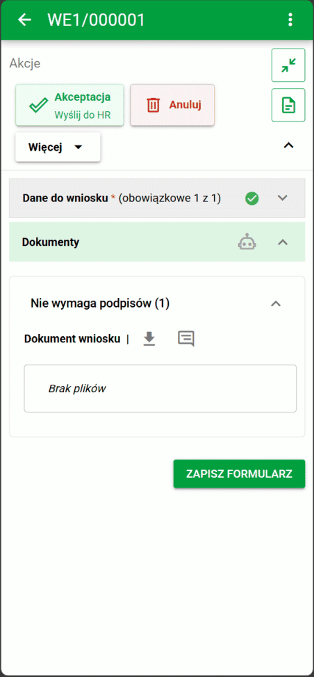 Przyciski przejść w Moich sprawach na telefonie