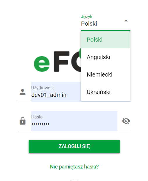 Zmiana języka - ekran logowania